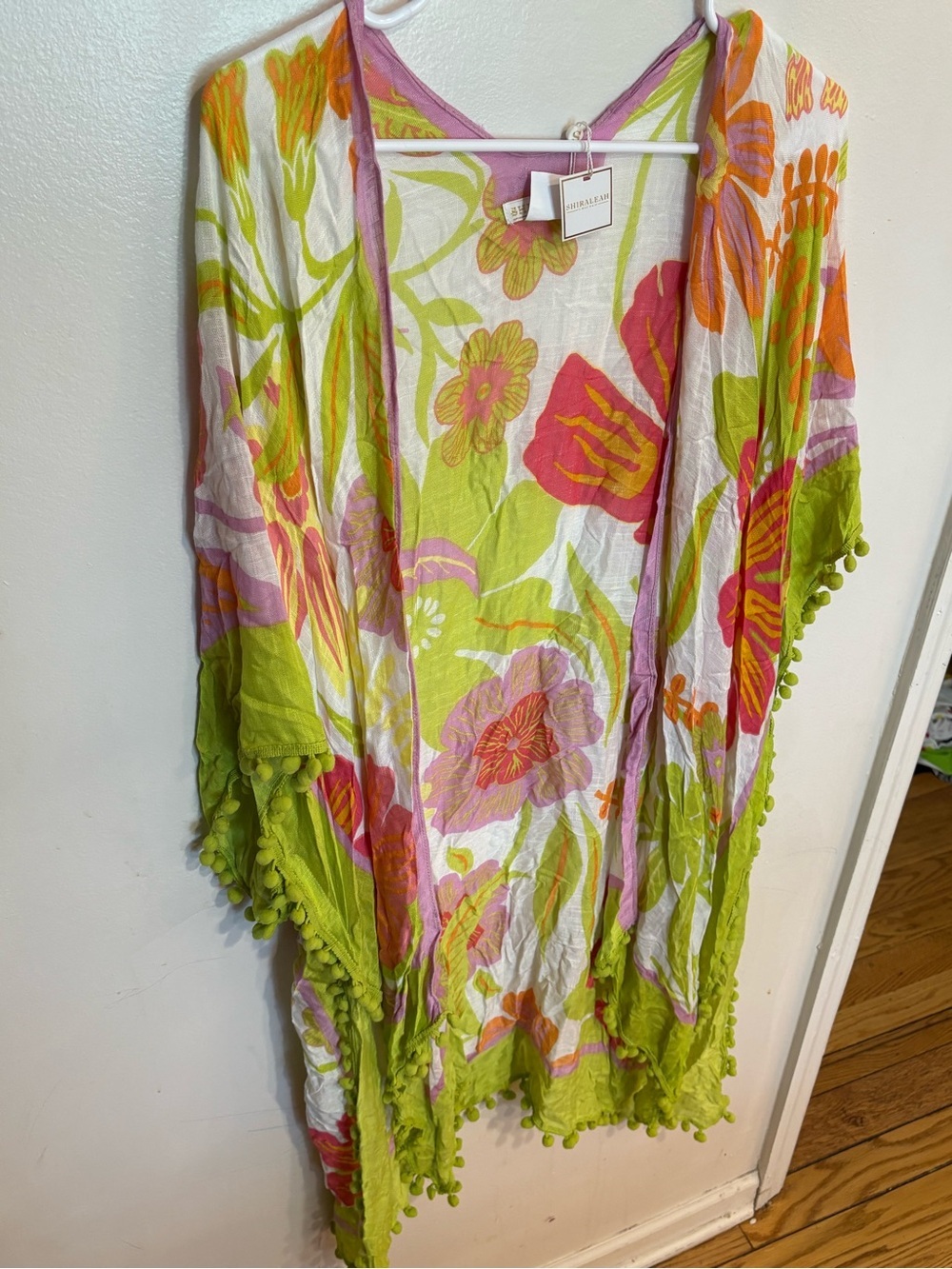 Shiraleah Floral Pom-Pom Kimono Swim Cover-Up in Lime & Pink new w tags